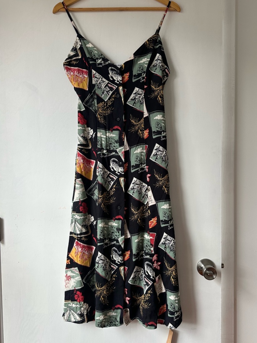 Reformation Black Postcard-Print Midi Slip Dress with Red and Green Accents - Picture 4 of 8